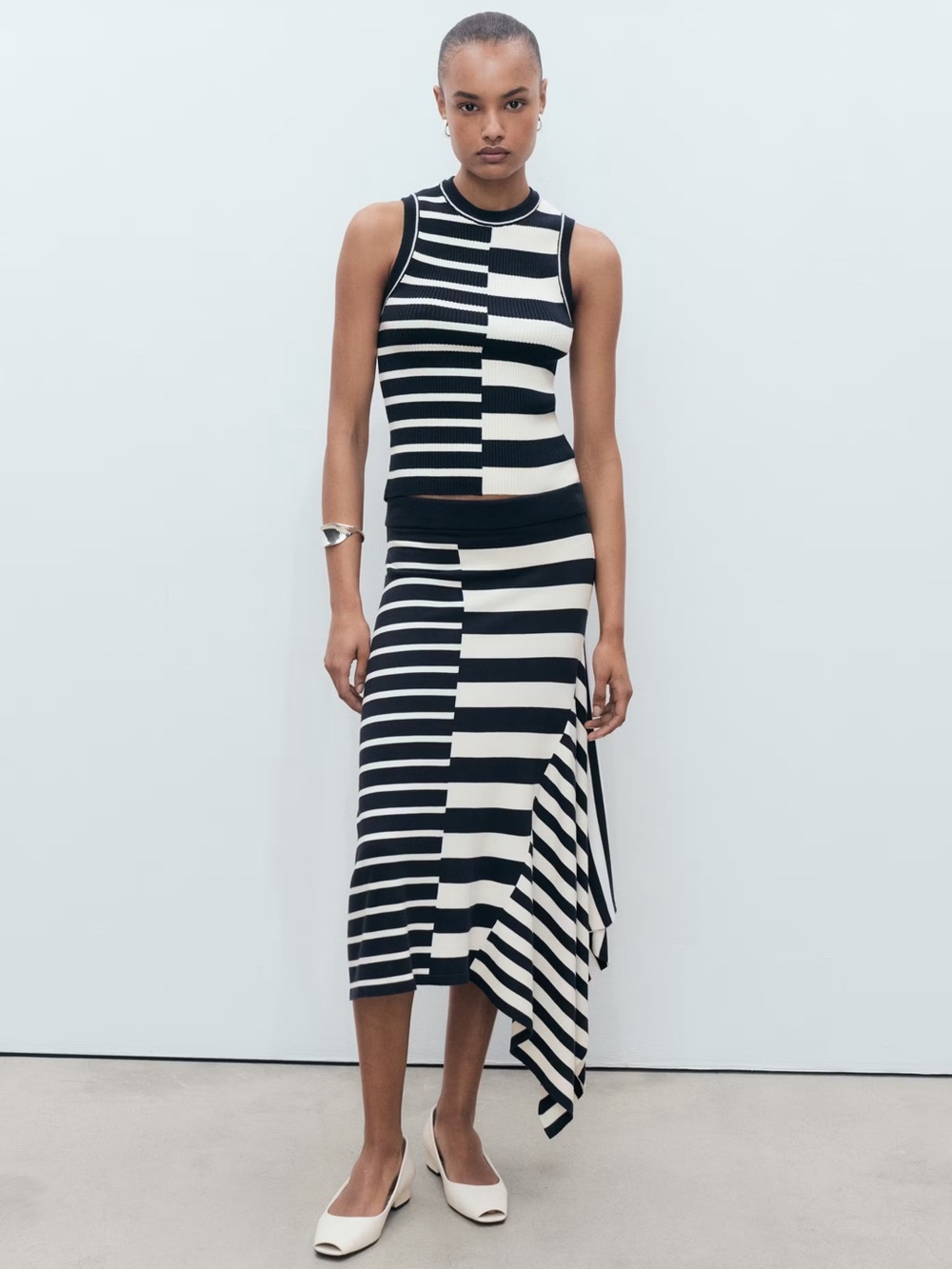 Mango Navy asymmetrical Striped knitted co-ord set top & skirt NWT